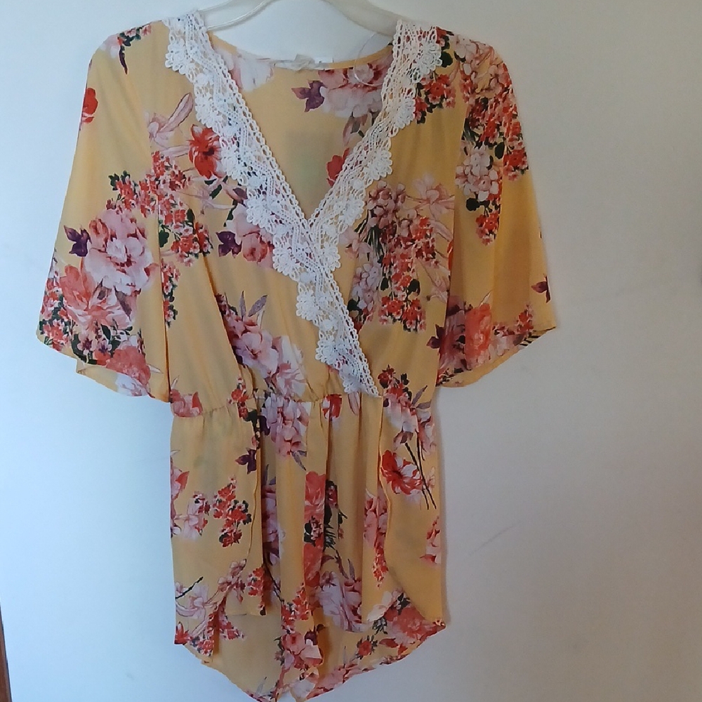 Floral Lace Trim Yellow Women's Top